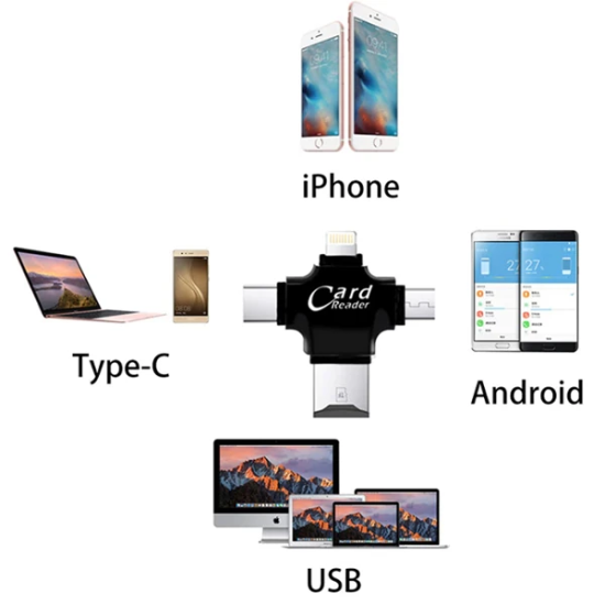 Card Reader 4in1 Type-C- İphone Lightning-Micro Usb Hafıza Kart Okuyuc