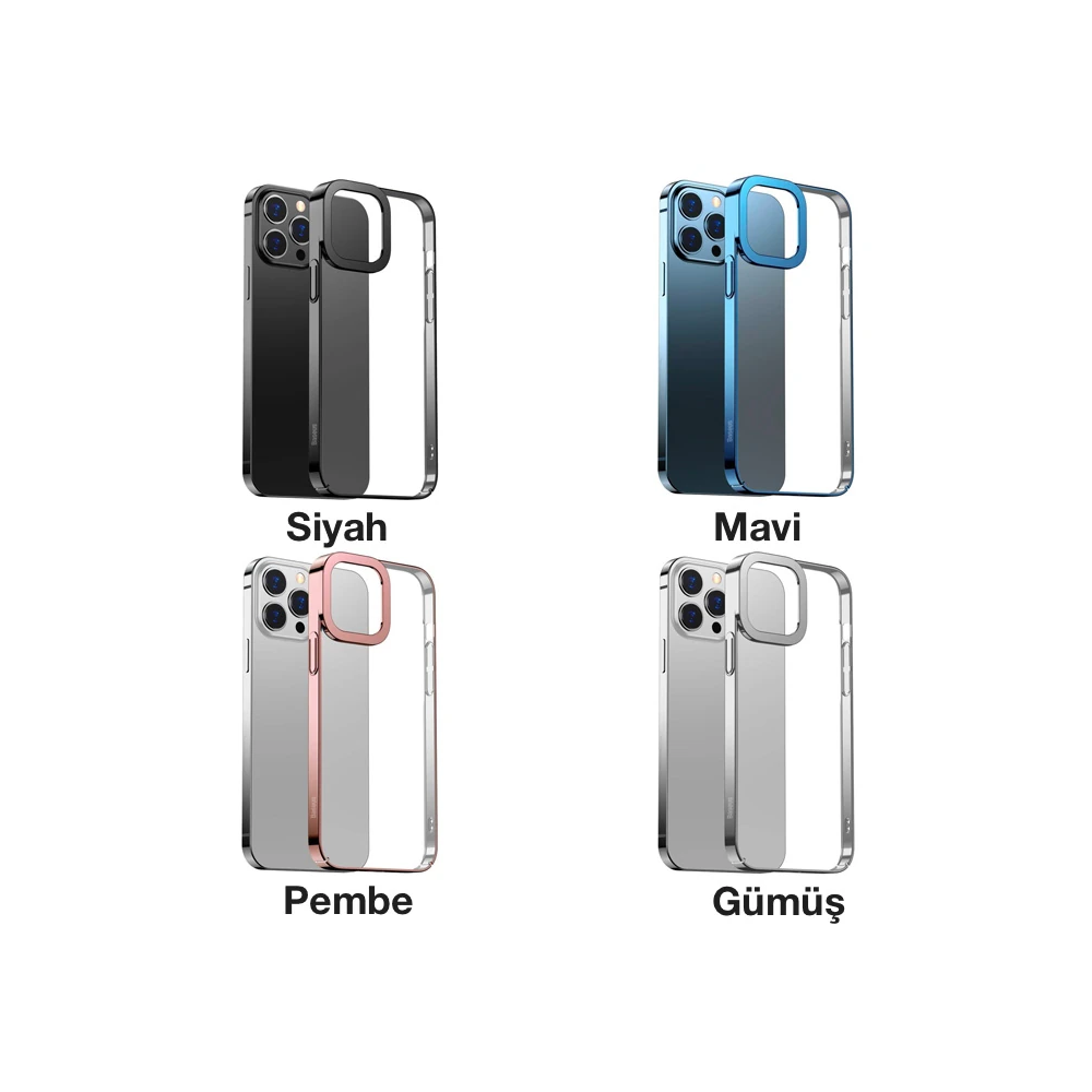 Baseus Glitter iPhone 13 Pro Max 6.7inç Kılıf Renkli Kenar Şeffaf Sili