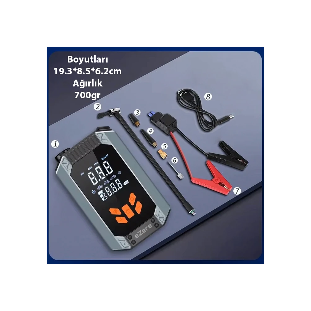 EZERE ST-9632D Taşınabilir Araç Lastik Şişirme Ve Starter Akü Takviye 