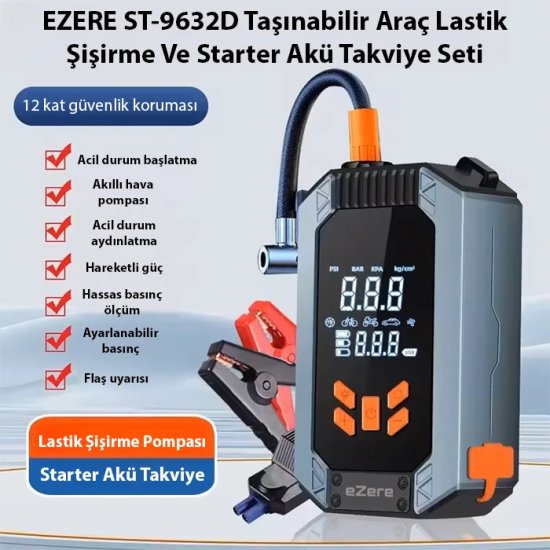EZERE ST-9632D Taşınabilir Araç Lastik Şişirme Ve Starter Akü Takviye 