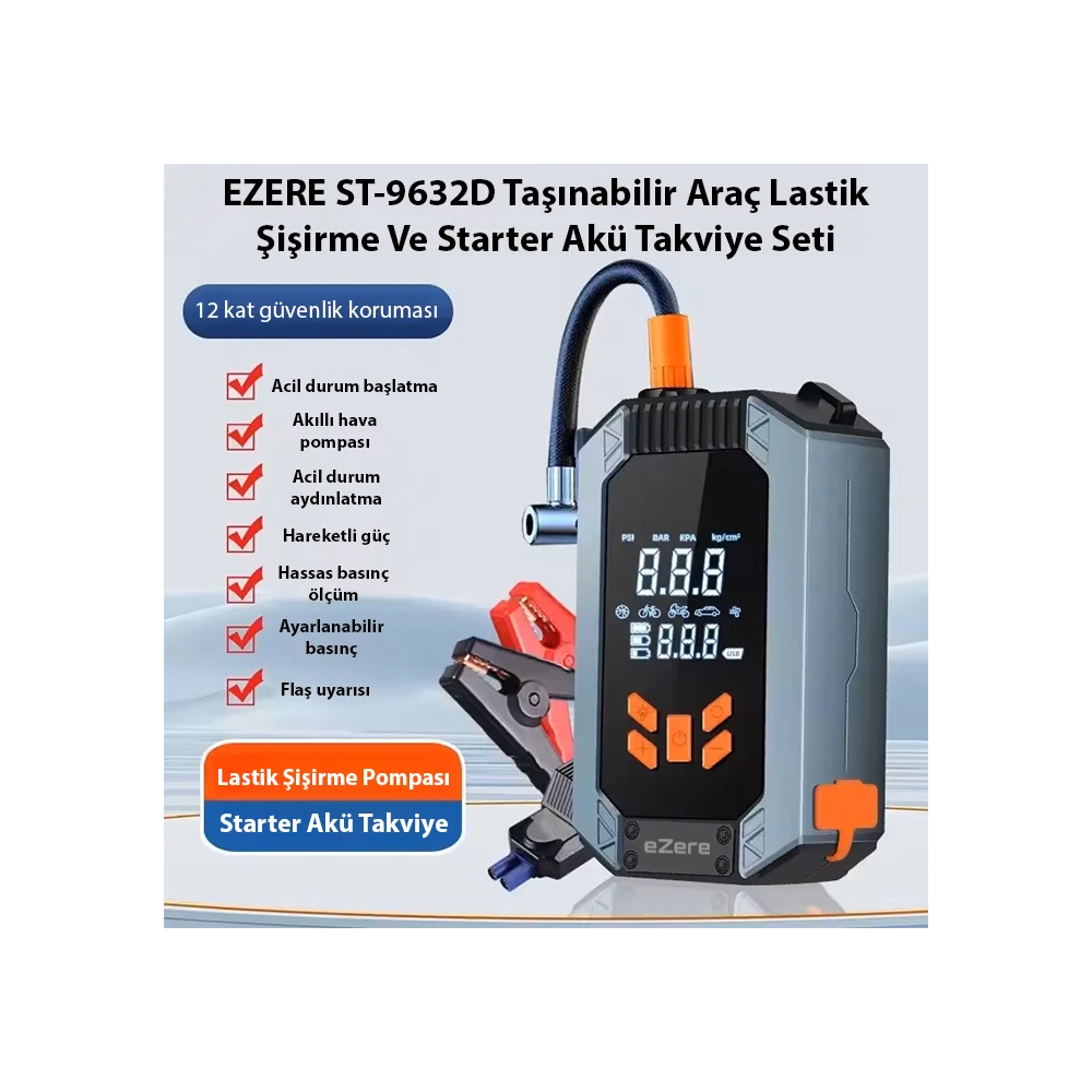 EZERE ST-9632D Taşınabilir Araç Lastik Şişirme Ve Starter Akü Takviye 