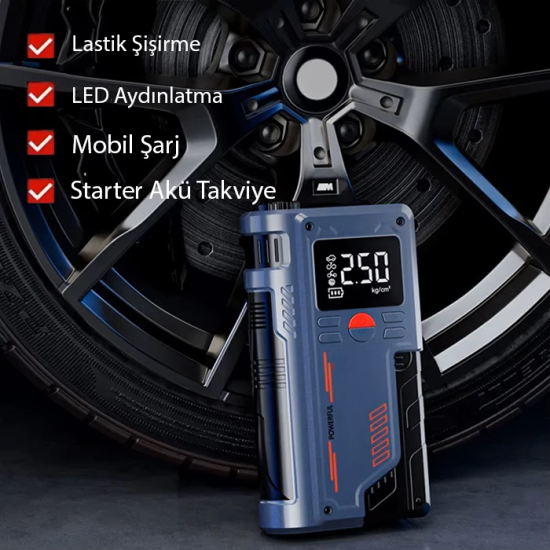 EZERE ST-9631 Pro Taşınabilir Göstergeli Araç Lastik Şişirme Ve Starte