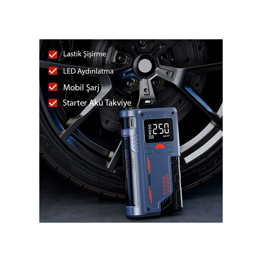 EZERE ST-9631 Pro Taşınabilir Göstergeli Araç Lastik Şişirme Ve Starte