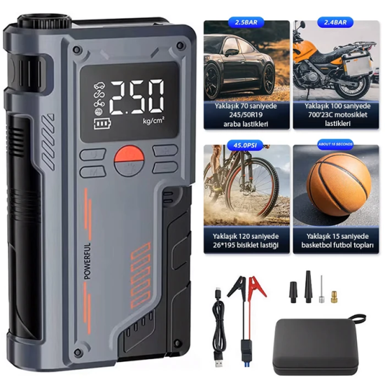 EZERE ST-9631 Pro Taşınabilir Göstergeli Araç Lastik Şişirme Ve Starte