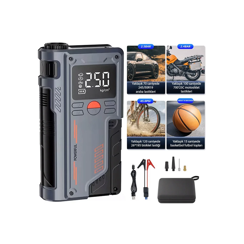 EZERE ST-9631 Pro Taşınabilir Göstergeli Araç Lastik Şişirme Ve Starte