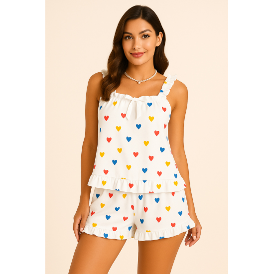 Kalp Baskılı Yumuşak Dokulu İp Askılı Şortlu Örme Pijama Takımı