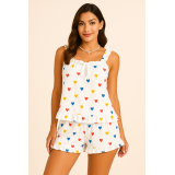 Kalp Baskılı Yumuşak Dokulu İp Askılı Şortlu Örme Pijama Takımı