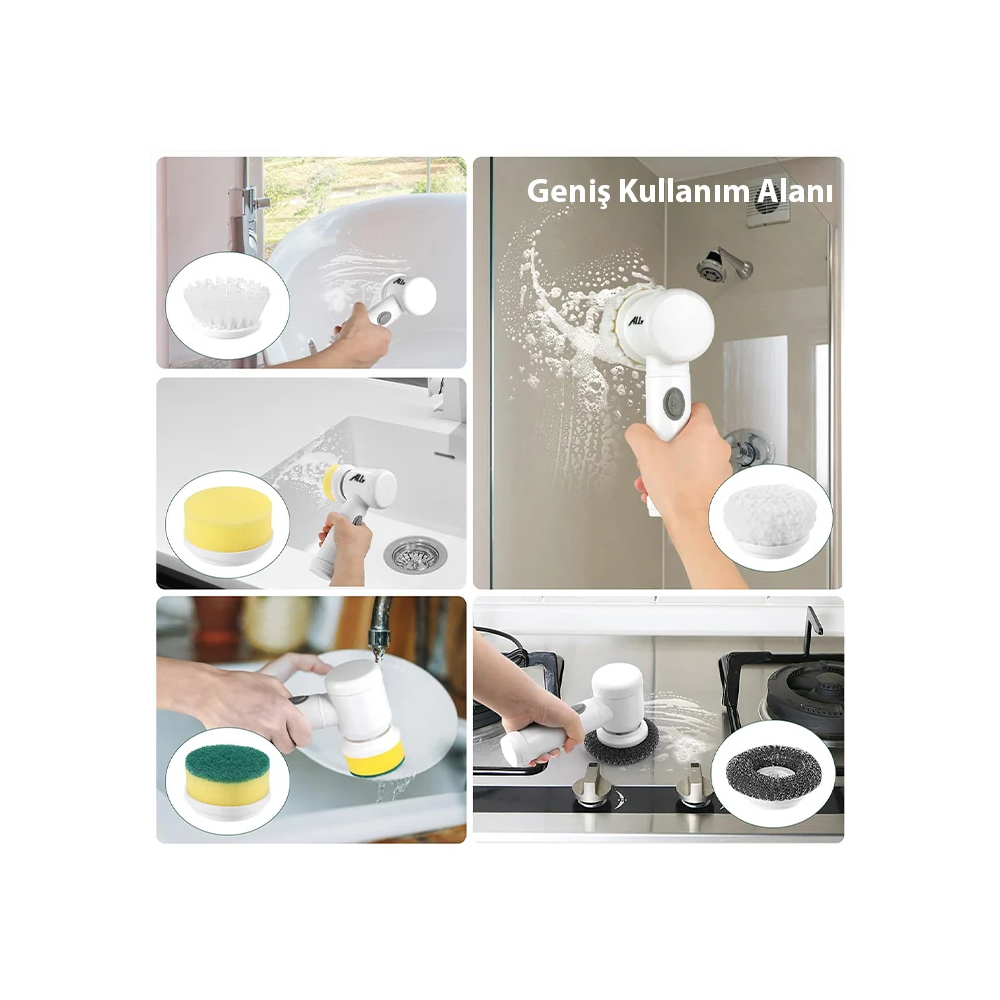 ALLY Magic Brush 5in1 Fırça Başlıklı Şarjlı Temizleme Fırçası Banyo/Fa