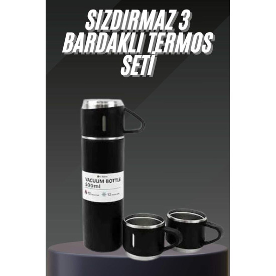 Termos Seti Paslanmaz Çelik 3 Bardaklı Vakumlu Termos Set 500 Ml 12 Sa