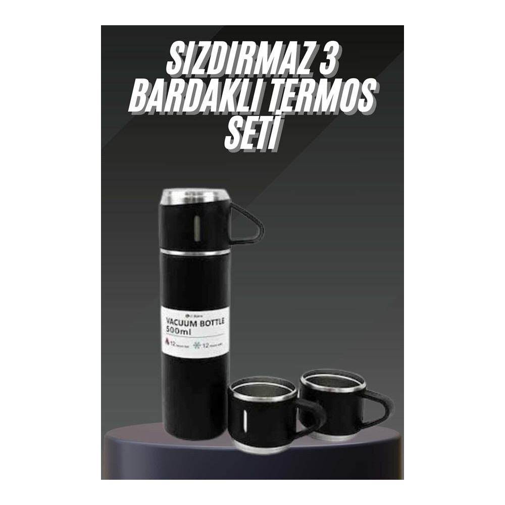 Termos Seti Paslanmaz Çelik 3 Bardaklı Vakumlu Termos Set 500 Ml 12 Sa