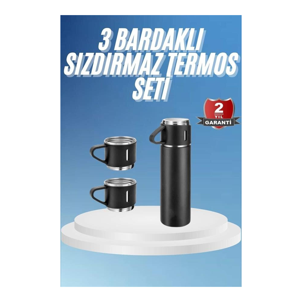 Termos Paslanmaz Çelik Termos Siyah Renk 3 Bardaklı Termos Seti