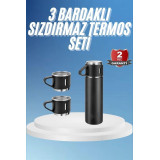 Termos Paslanmaz Çelik Termos Siyah Renk 3 Bardaklı Termos Seti