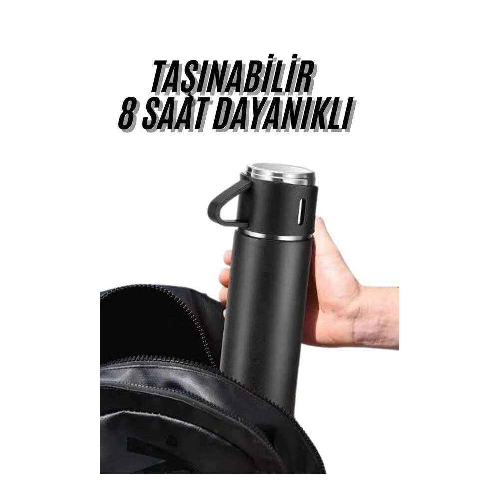 Termos Seti 3'lü Bardak Seti Isı Dayanıklı Siyah Paslanmaz Çelik Vakum