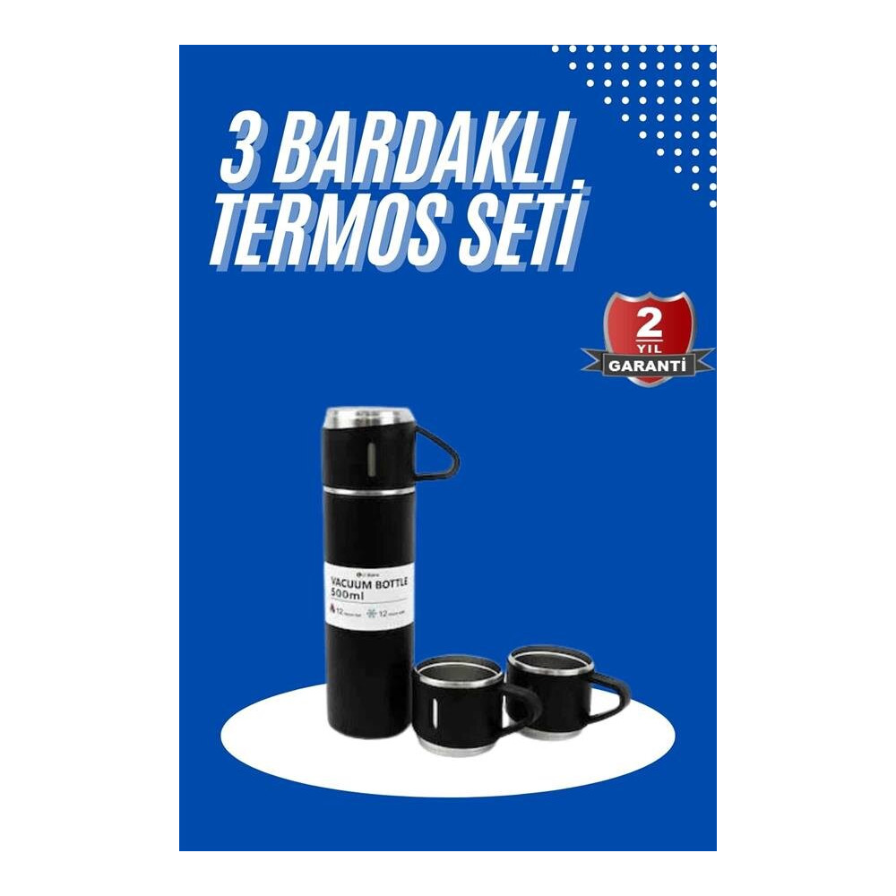 Termos Seti 3'lü Bardak Seti Isı Dayanıklı Siyah Paslanmaz Çelik Vakum