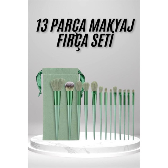 Makyaj Fırça Seti Yeşil 13 Parça Fondöten Fırçası Allık Fırçası Far Fı