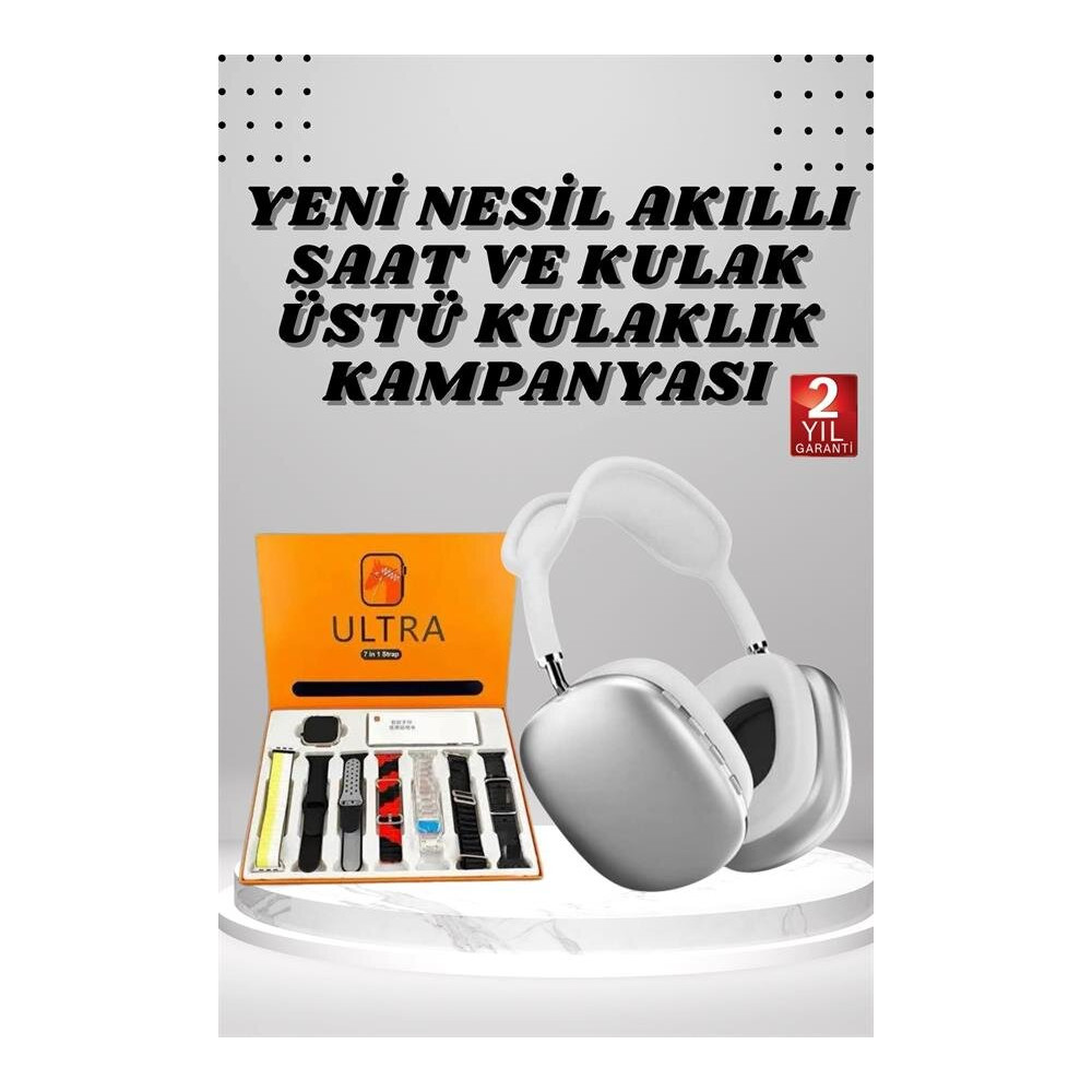 Kulak Üstü P9 Kablosuz Bluetooth Kulaklık ve 7 Kordonlu Akıllı Saat