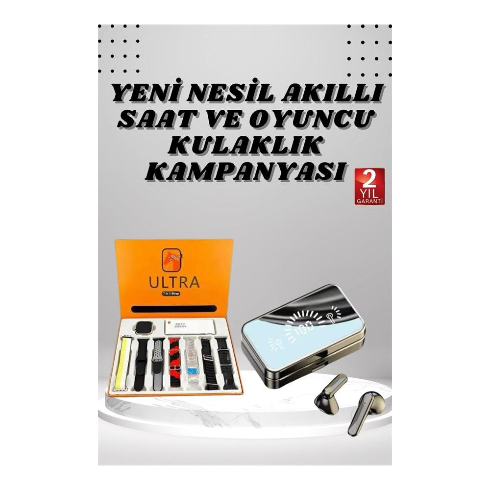 Aynalı Bluetooth Kulaklık ve 7 Kordonlu Akıllı Saat Dijital Göstergeli