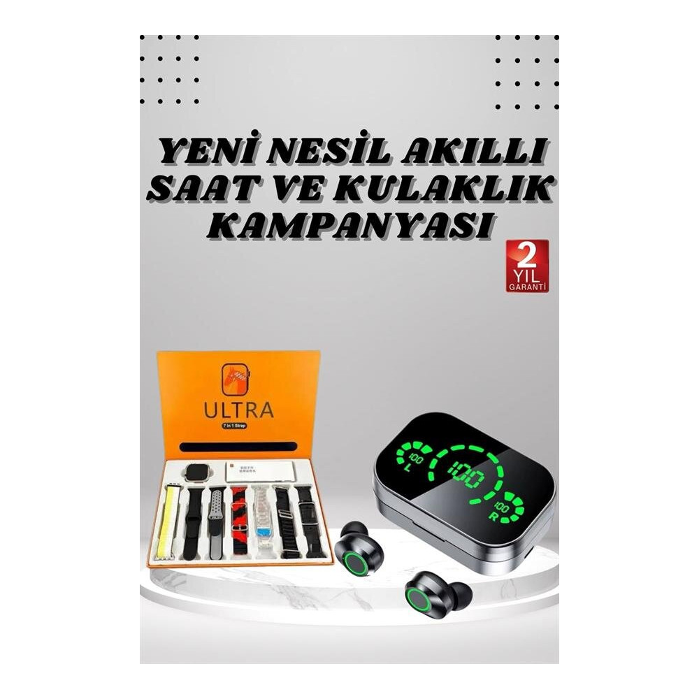 7 Kordonlu Akıllı Saat Ve Aynalı Bluetooth Kulaklık Powerbank Dijital 