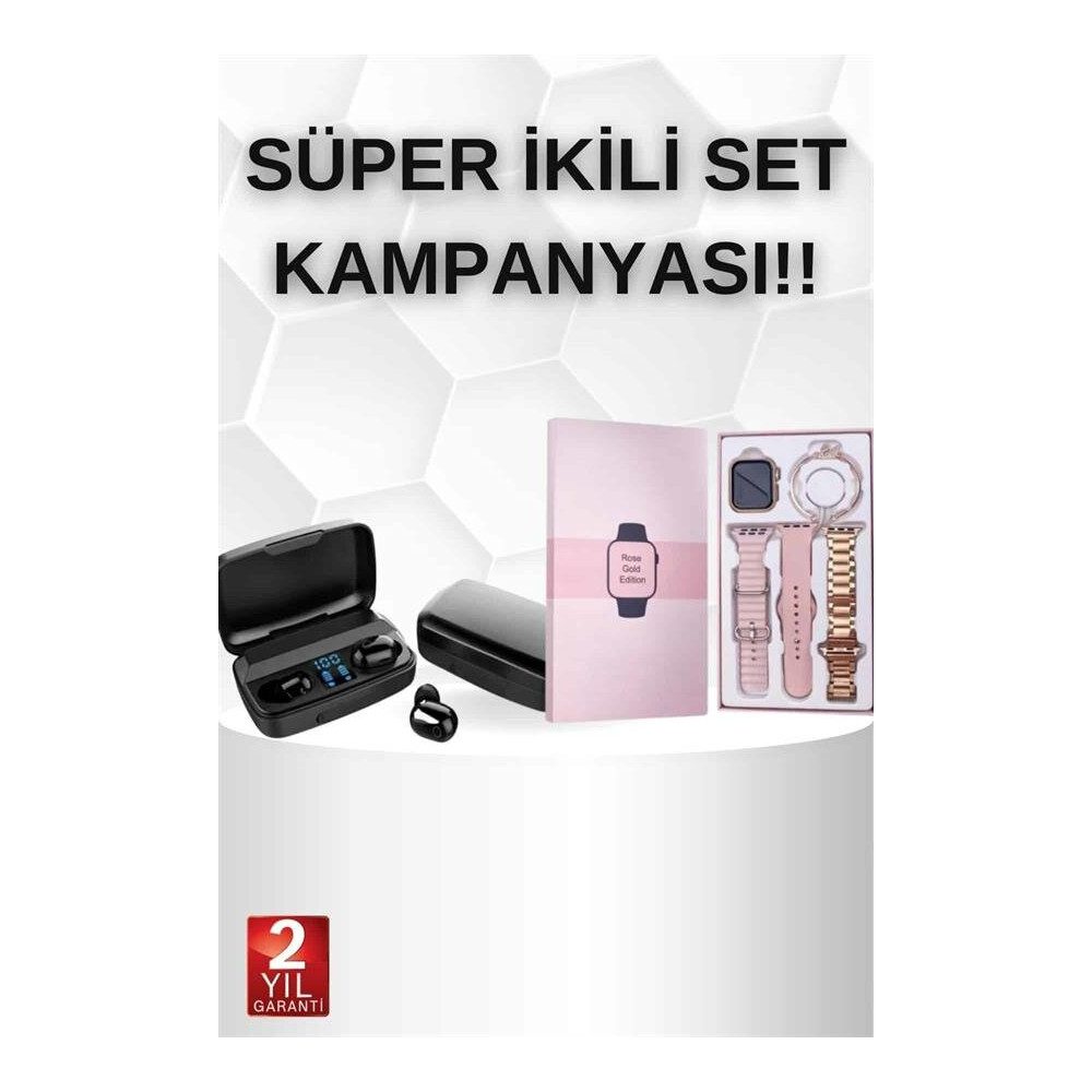 Wireless Şarjlı Pembe Akıllı Saat ve Kablosuz Bluetooth Kulaklık Dokun