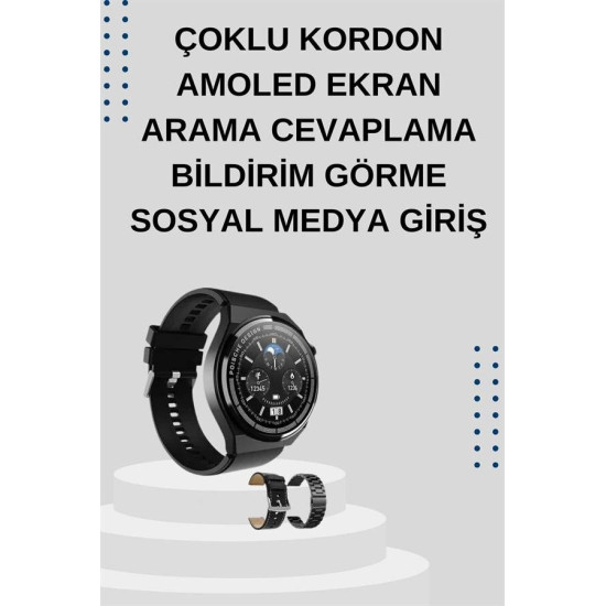 AMOLED Ekranlı Akıllı Saat – 3 Kordon Seçenekli Suya Dayanıklı Kalp At