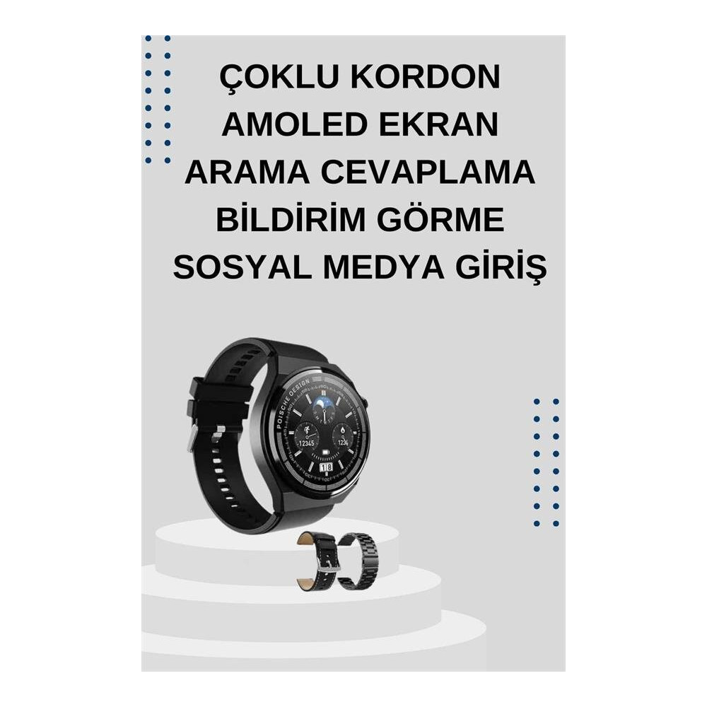 AMOLED Ekranlı Akıllı Saat – 3 Kordon Seçenekli Suya Dayanıklı Kalp At