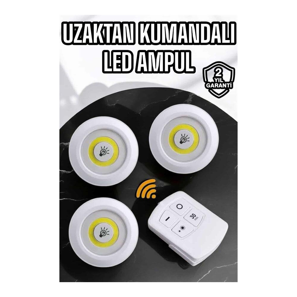 Led Lamba 3'lü Uzaktan Kumandalı Yapışkanlı Beyaz Işık
