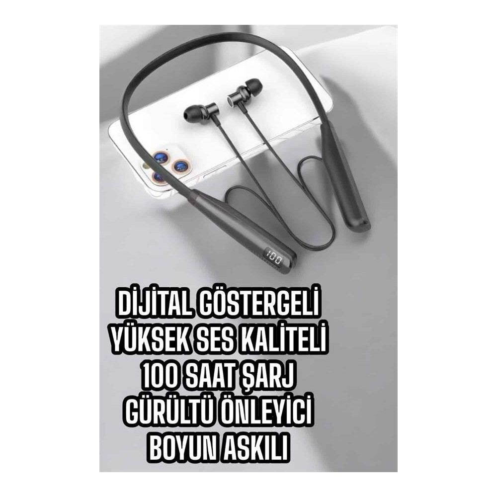 Dijital Göstergeli Kulak İçi Kablosuz Bluetooth Kulaklık Boyun Bantlı
