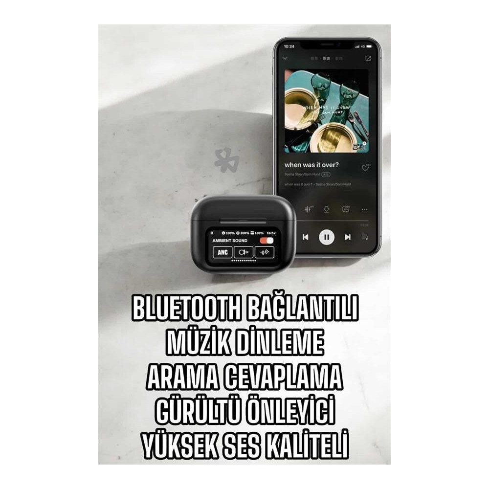 Kablosuz Bluetooth Kulaklık Ekranlı Uzun Şarj Süreli ANC Destekli