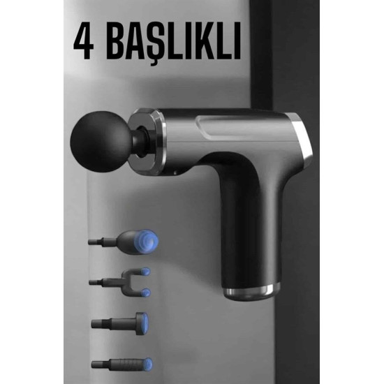 Masaj Tabancası 4 Başlıklı Kas ve Vücut Ağrıları İçin Şarjlı Darbeli