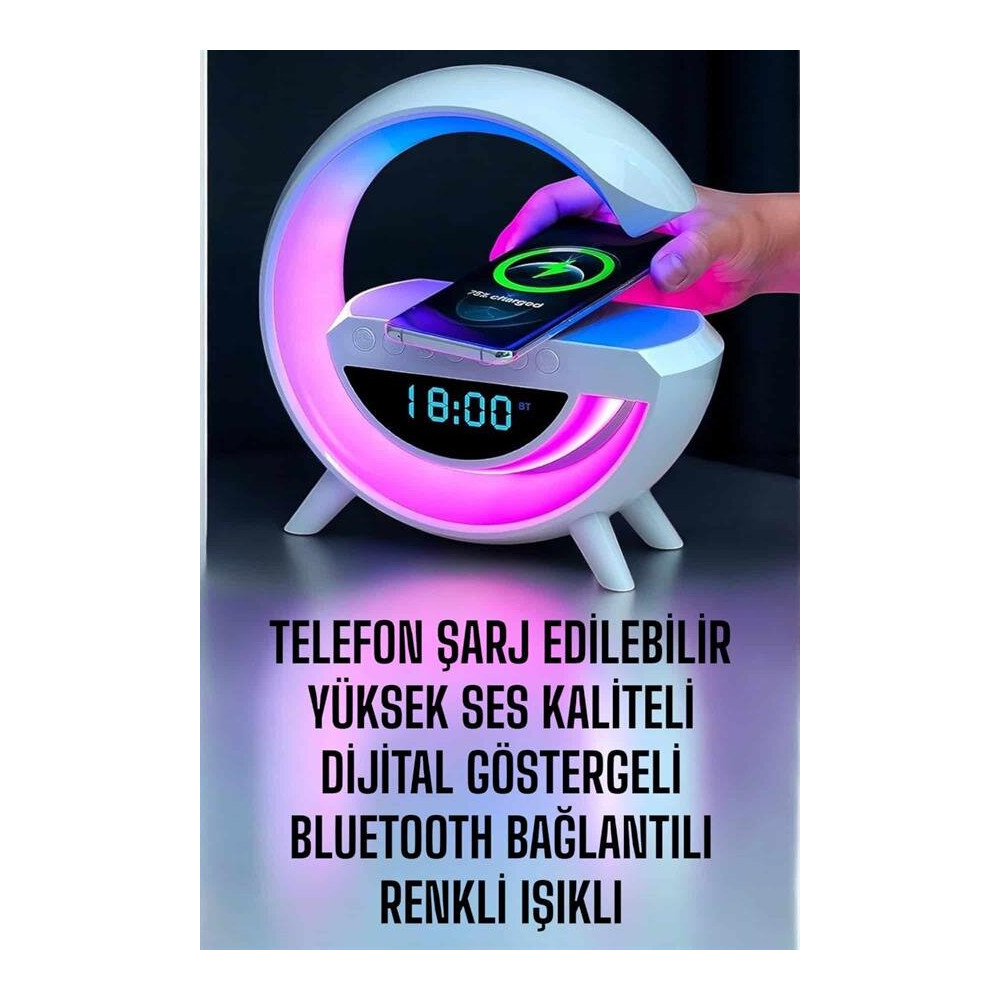 RGB Gece Lambalı Kablosuz Şarj Cihazlı Bluetooth Hoparlör Dijital Saat