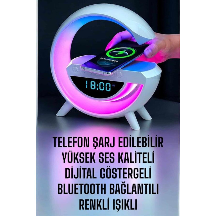 RGB Gece Lambalı Kablosuz Şarj Cihazlı Bluetooth Hoparlör Dijital Saat