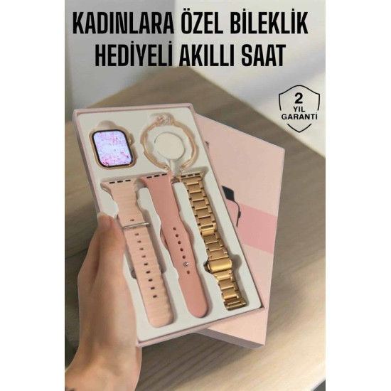 Akıllı Saat 3 Kordonlu Ve Aksesuarlı Bayanlar Için Şık Rose renk