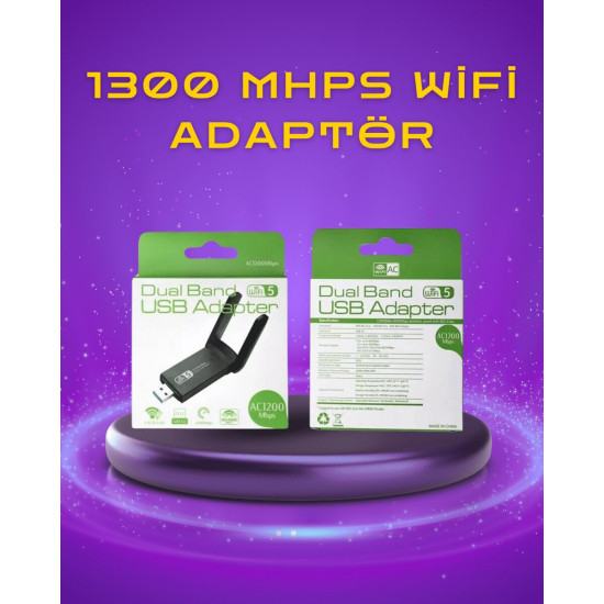 Yüksek Hızlı 1200 Mbps Çift Bant USB WiFi Adaptör – Güçlü Sinyal Geniş