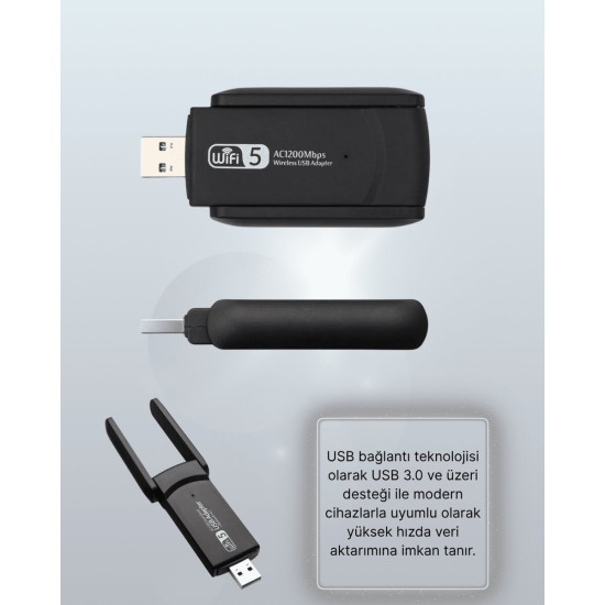 Yüksek Hızlı 1200 Mbps Çift Bant USB WiFi Adaptör – Güçlü Sinyal Geniş