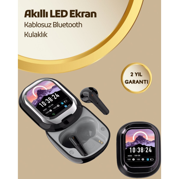 Akıllı Ekranlı Bluetooth 5.4 Kablosuz Kulaklık – Dokunmatik ve Şarj Ku
