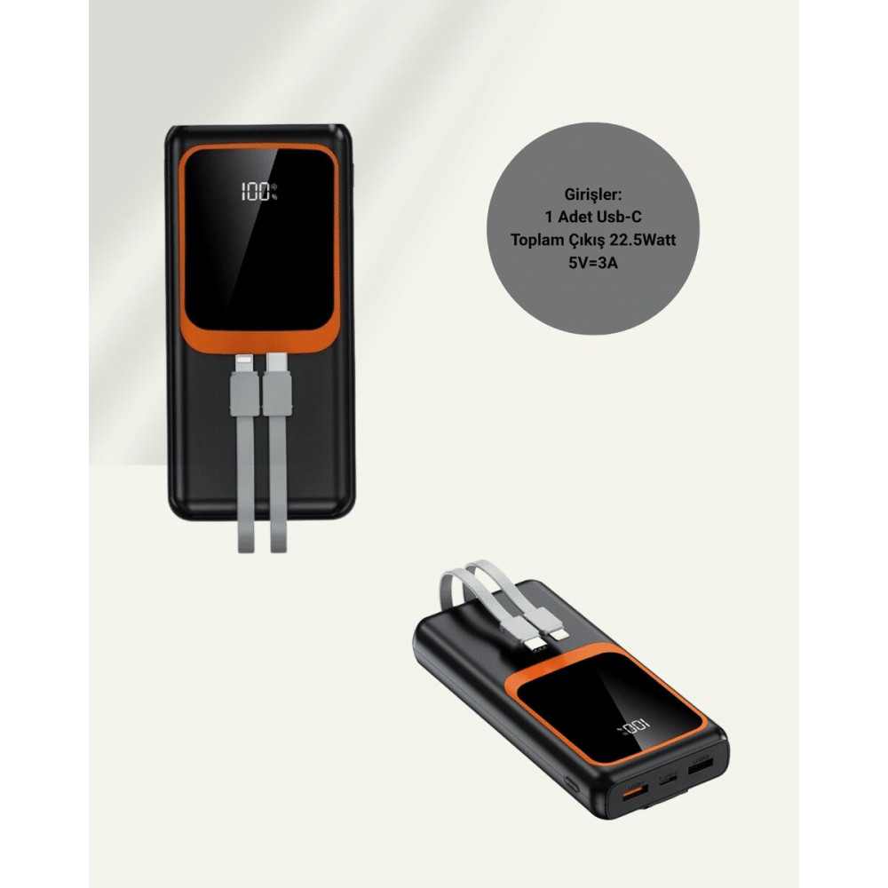 Powerbank 20000 mAh | 22.5W Hızlı Şarj Dahili Kablolu LCD Ekranlı Şarj