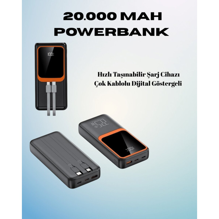 20000 mAh Powerbank | Çok Kablolu Dijital Göstergeli Yüksek Hızlı Şarj