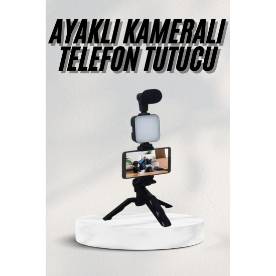Telefon Tutucu Mini Mikrofonlu Tripod Vlog Çekim Video