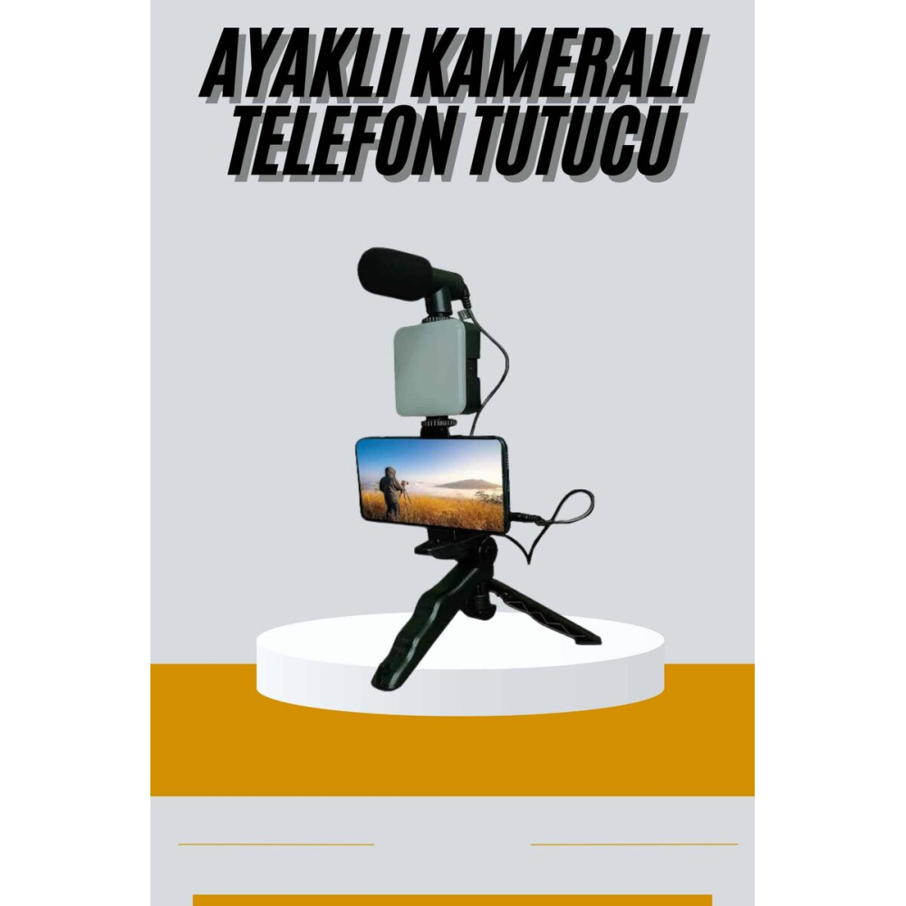 Tripod Telefon Tutucu Kumandalı Mikrofon Led Işık Vlog Video Kayıt
