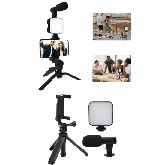 Telefon Tutucu Mini Mikrofonlu Tripod Vlog Çekim Video