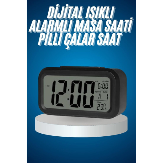 Işıklı Dereceli Masa Ofis Saati Alarmlı Termometre Takvim Çalar Saat