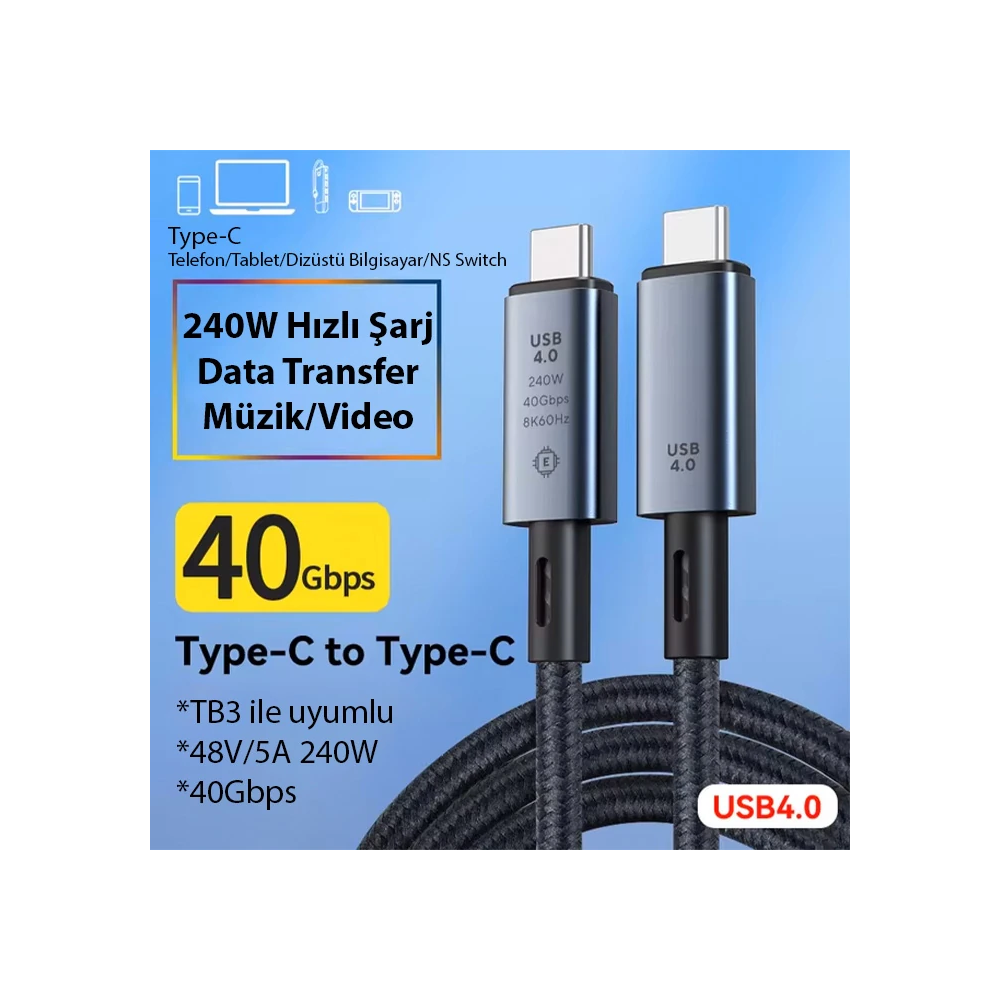 ALLY 40Gbps 240W Type-C 8K Görüntü ve Hızlı Data Şarj Kablosu