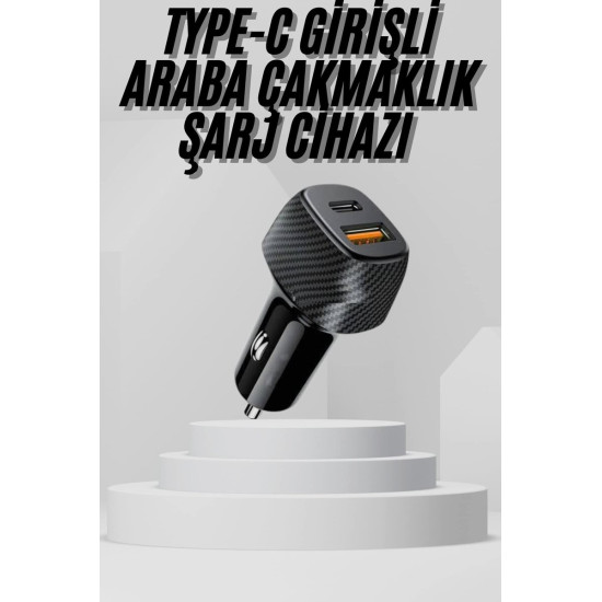 Araç İçi Şarj Cihazı 38W Güç Kapasiteli Type-C Girişli Araba Çakmaklık