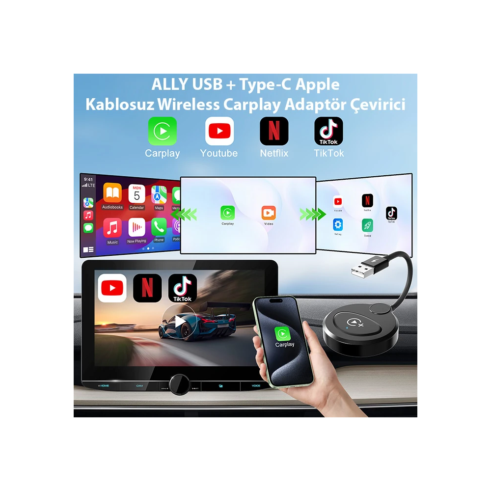 USB+Type-C Apple Kablosuz Wireless Carplay Adaptör Çevirici -Youtube N