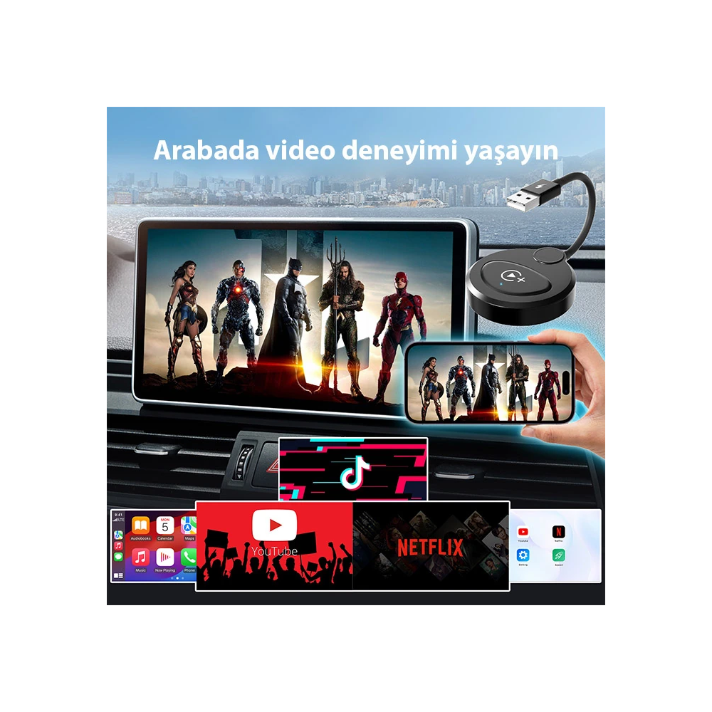 USB+Type-C Apple Kablosuz Wireless Carplay Adaptör Çevirici -Youtube N