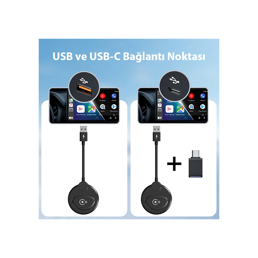USB+Type-C Apple Kablosuz Wireless Carplay Adaptör Çevirici -Youtube N