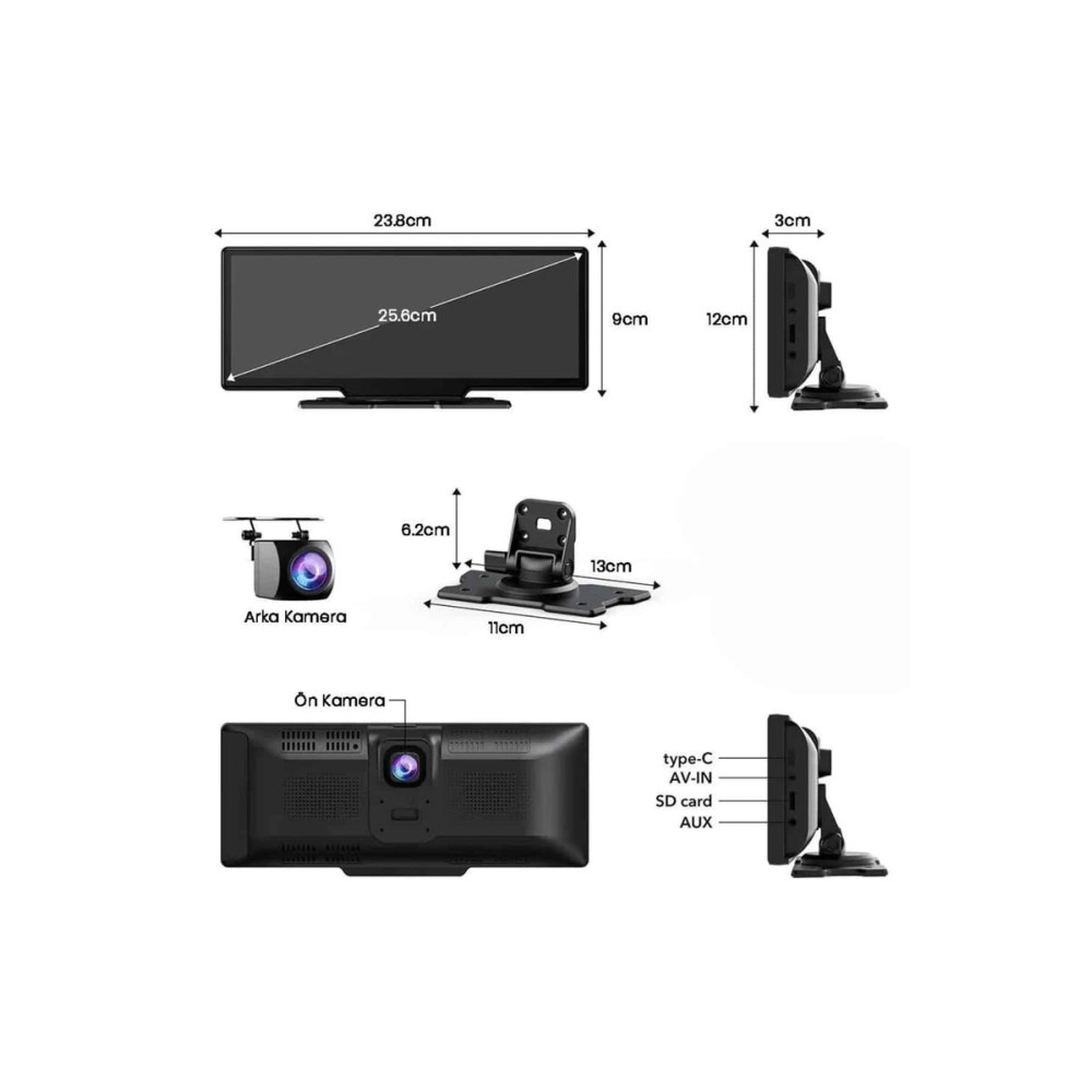 4K Ultra Araç İçi Ön ve Arka Kameralı Ekran HD 2 Kameralı Torpido Üstü