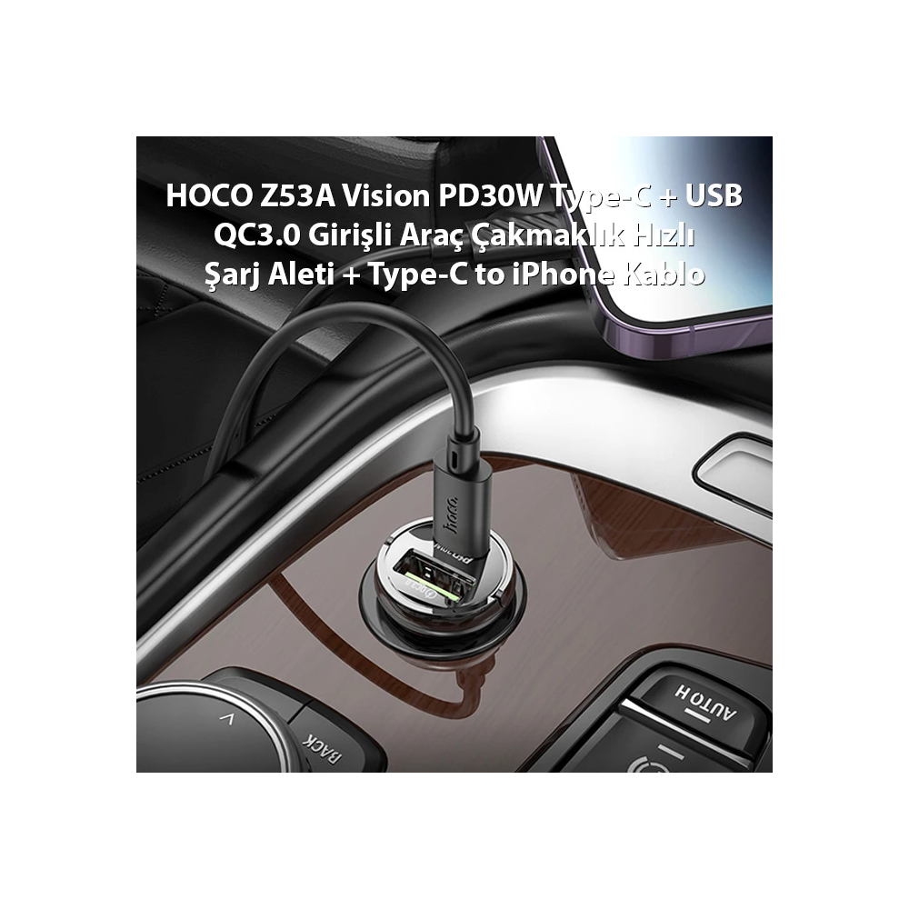 HOCO Z53A Vision PD30W Type-C + USB QC3.0 Girişli Araç Çakmaklık Hızlı