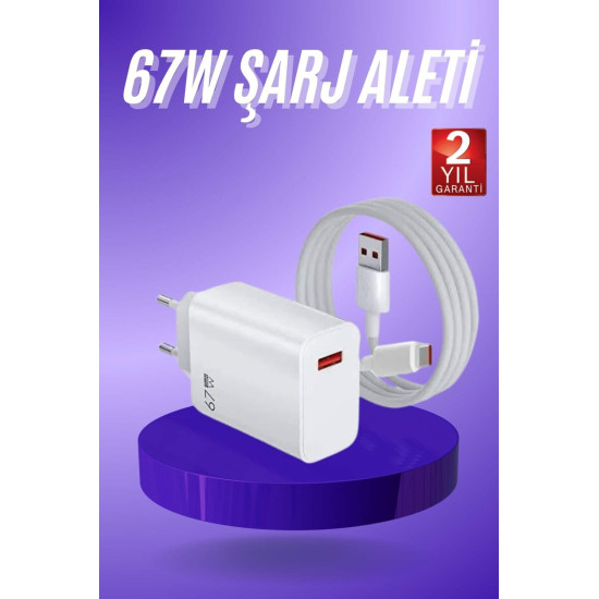 Beyaz Ultra Plus Hızlı Şarj Seti Şarj Adaptörü ve Kablosu 67W