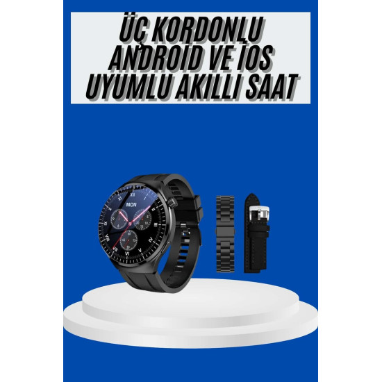 Amoled Ekran Akıllı Saat Üç Kordonlu İOS Android Uyumlu